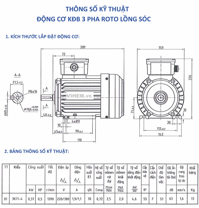 Bản vẽ kỹ thuật Motor điện 3 pha 0.37kW (0.5HP) 3K71-4P tốc độ 1390 (1500) r/min 4 điện cực HEM VIHEM