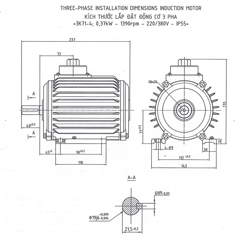 Motor điện 3 pha 0.37kW (0.5HP) tốc độ 1390 (1500) r/min 4 điện cực HEM VIHEM (Việt Hung) điện cơ Hà Nội