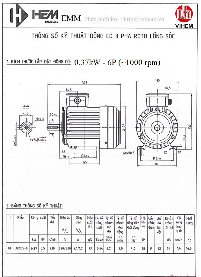 Motor điện 3 pha 0.37kW (0.5HP) tốc độ 1390 (1500) r/min 4 điện cực HEM VIHEM (Việt Hung) điện cơ Hà Nội