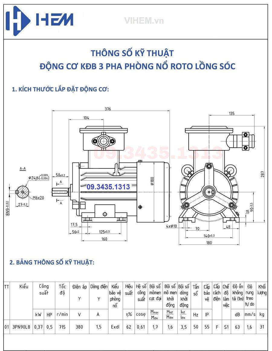 Bản vẽ kỹ thuật động cơ phòng nổ 3 pha 0.37kW-8P(750rpm)-380V-3PN90L8-B3 (tốc độ 715~750 r/min)