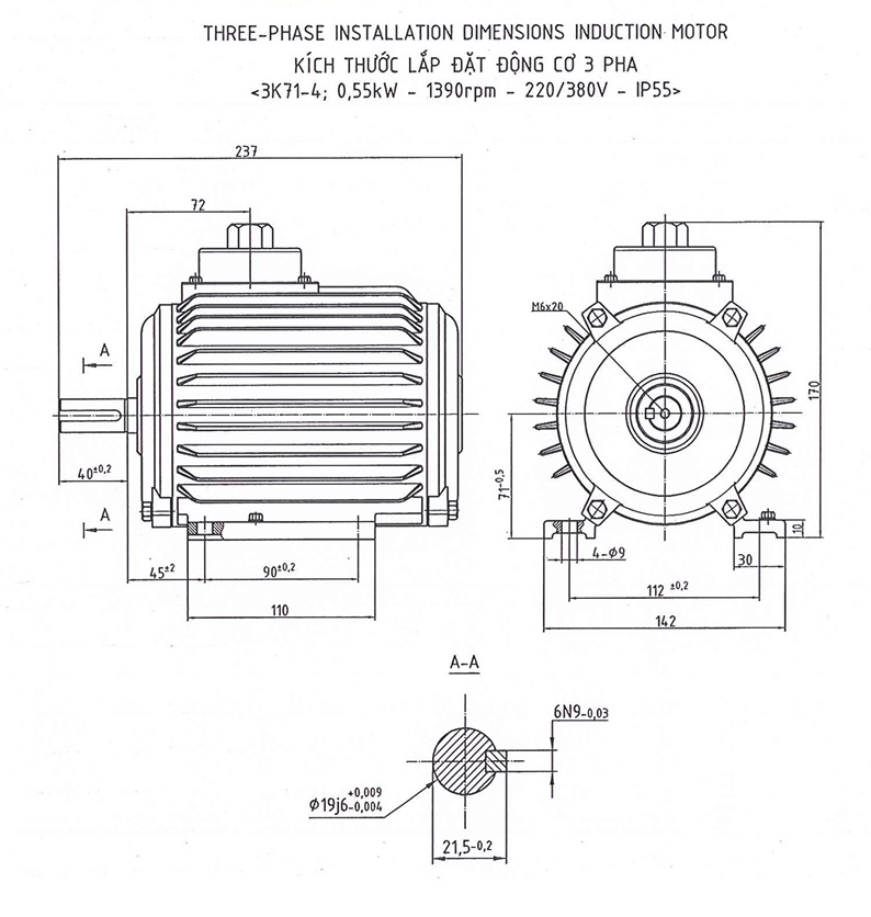 Động cơ quạt 3 pha 0.55kW (0.5HP) tốc độ 1390 (1500) r/min 4 điện cực HEM VIHEM
