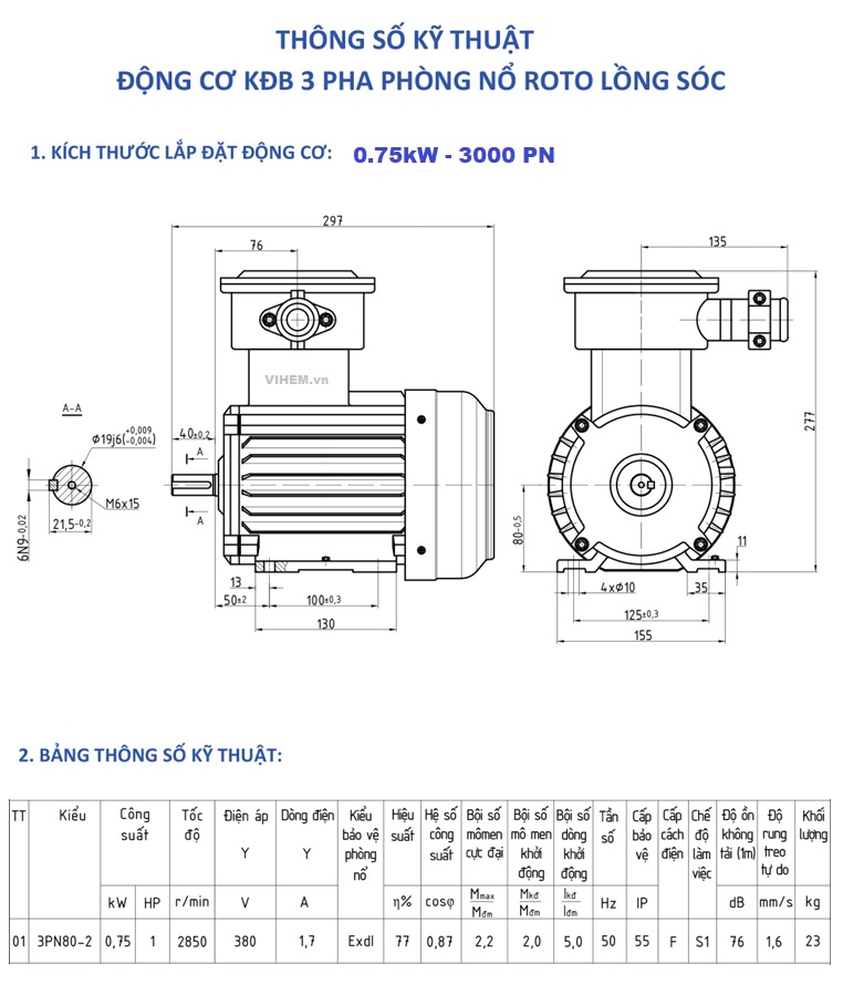 BẢN VẼ KỸ THUẬT 0.75kW - 3PN80-2P tốc độ 2850~3000 RPM HEM VIHEM