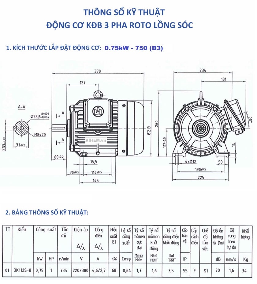 BẢN VẼ KỸ THUẬT MOTOR 0.75KW - 8P 3K112S8 (vòng tua 735-750 RPM) HEM VIHEM
