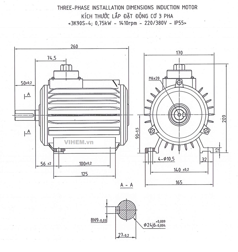 BẢN VẼ KỸ THUẬT MOTOR QUẠT 0.75KW - 4P (vòng tua 1410 - 1500 RPM) HEM VIHEM