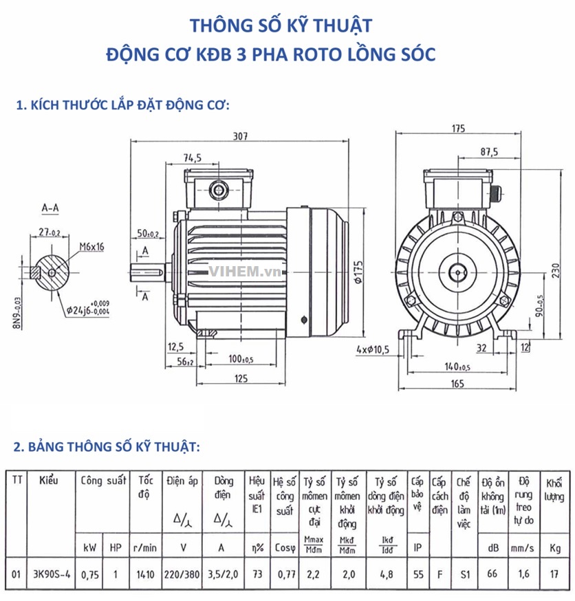 BẢN VẼ KỸ THUẬT MOTOR 0.75KW - 4P (vòng tua 1410 - 1500 RPM) HEM VIHEM
