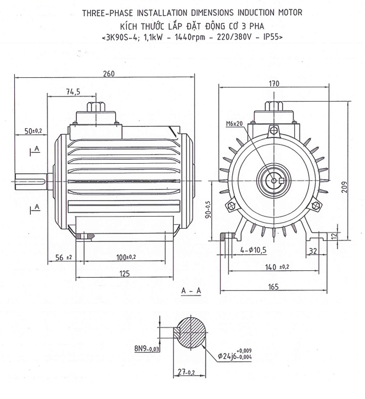 Động cơ điện 3 pha 1.1kW (1.5HP) tốc độ 1440 (1500) r/min 4 điện cực HEM VIHEM (Việt Hung) điện cơ Hà Nội