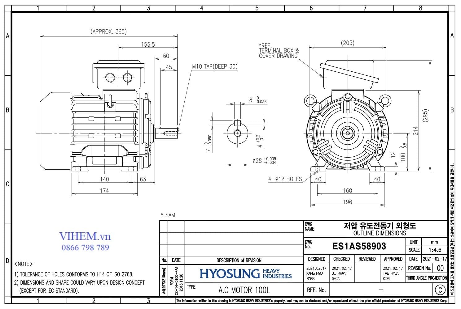 kích thước lắp đặt & Thông số kỹ thuật  Motor Hyosung 1.5kW - 6P (1000rpm)