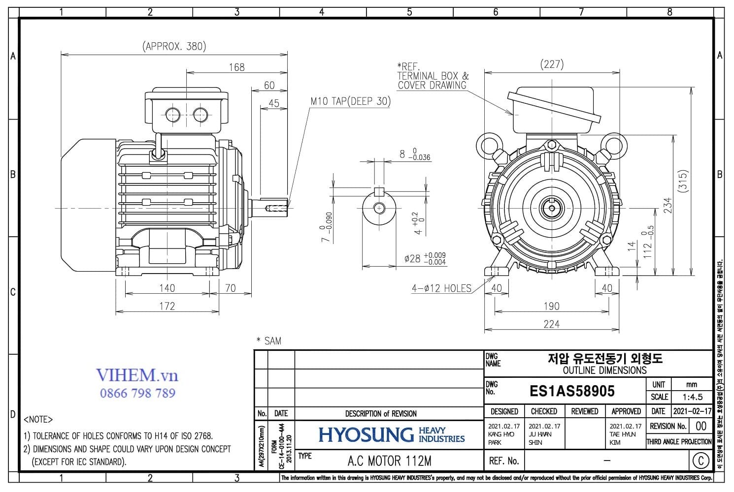 Thống số lắp đặt Động cơ 3 pha Hyosung 4kW - 2P (3000 r/min)