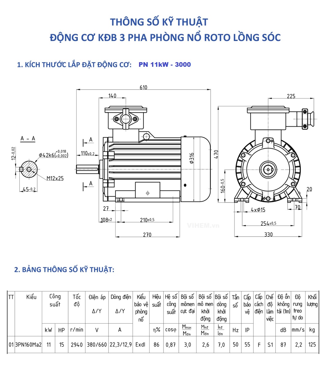 Động cơ phòng nổ 11kW tốc độ 2940 r/min 2 cực