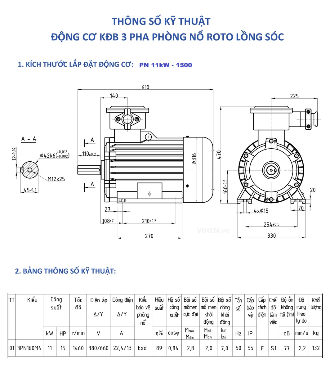 Động cơ điện phòng nổ HEM VIHEM 11kW (15HP) tốc độ 1460 (1500) r/min 4 cực