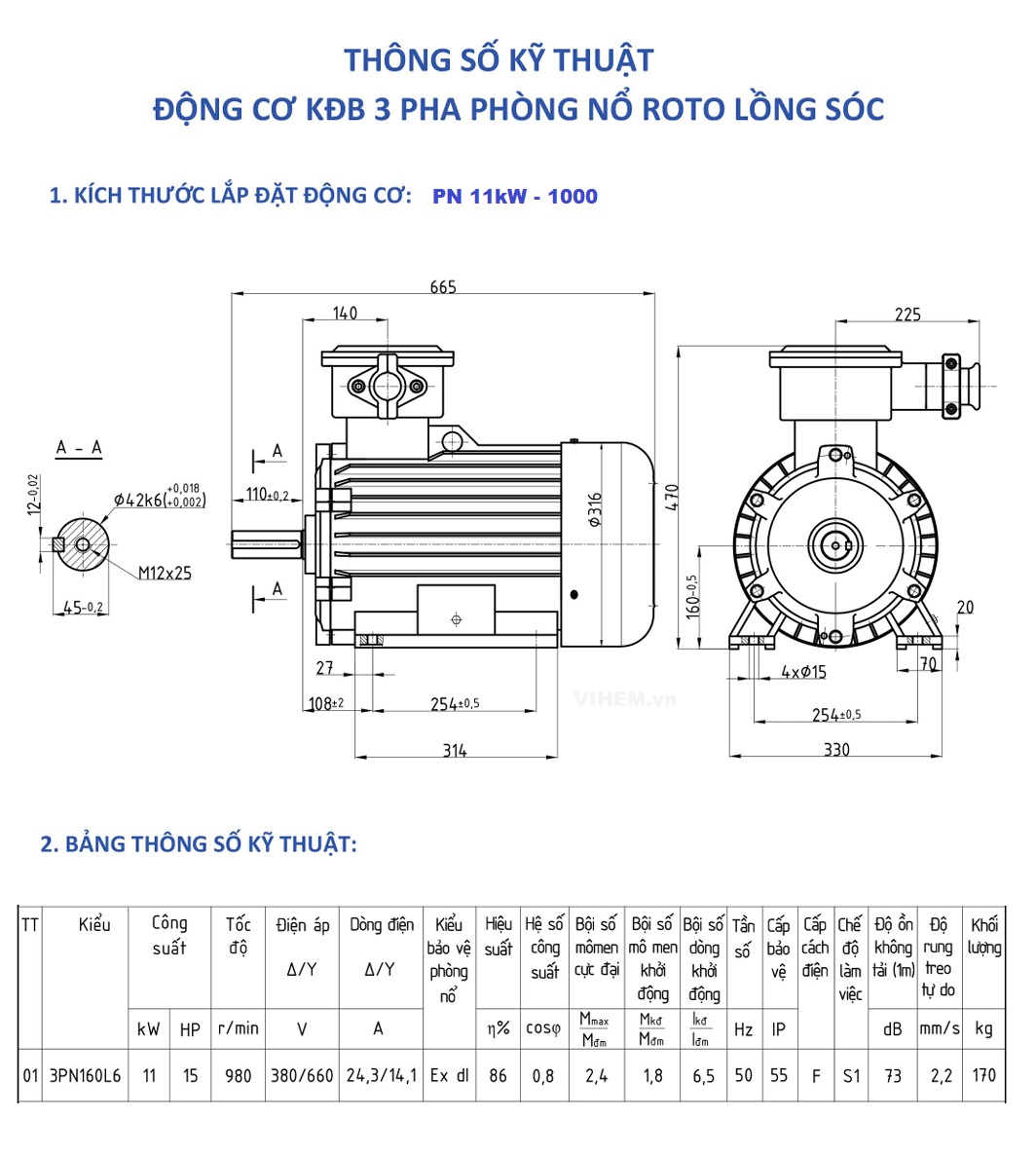 Motor điện phòng nổ 11kW 15hp tốc độ 980r/min 6 cực