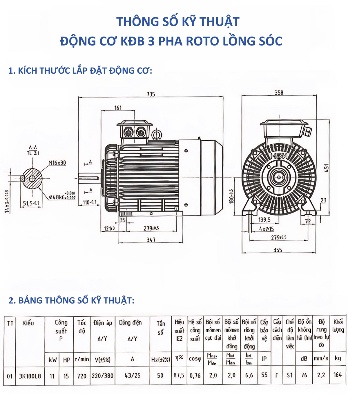 Động cơ điện 3 pha 11kW tốc độ 720 r/min 8 cực