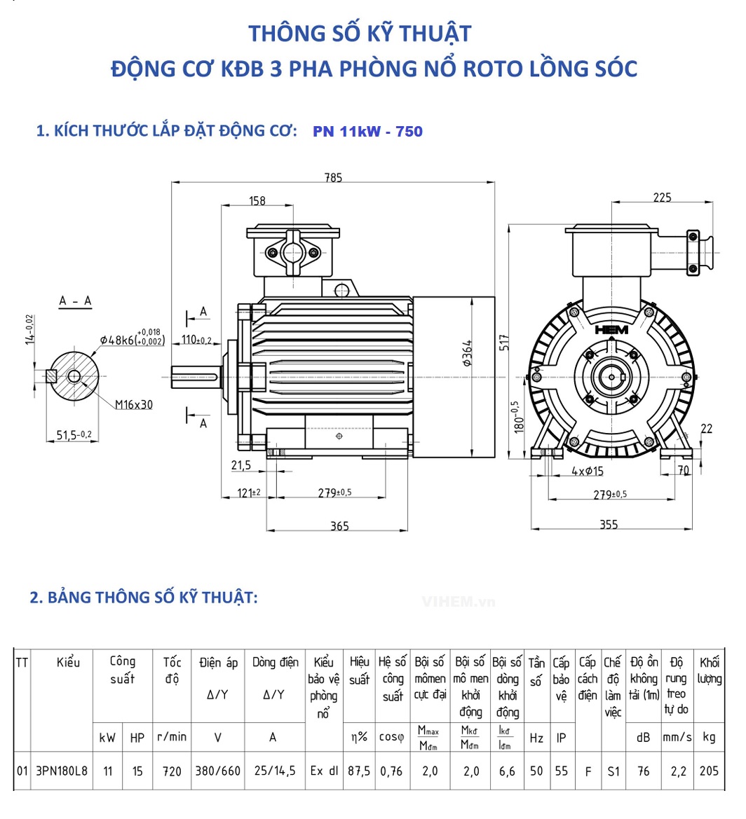 Mô tơ phòng nổ 11kW 15hp tốc độ 720r/min 8 cực