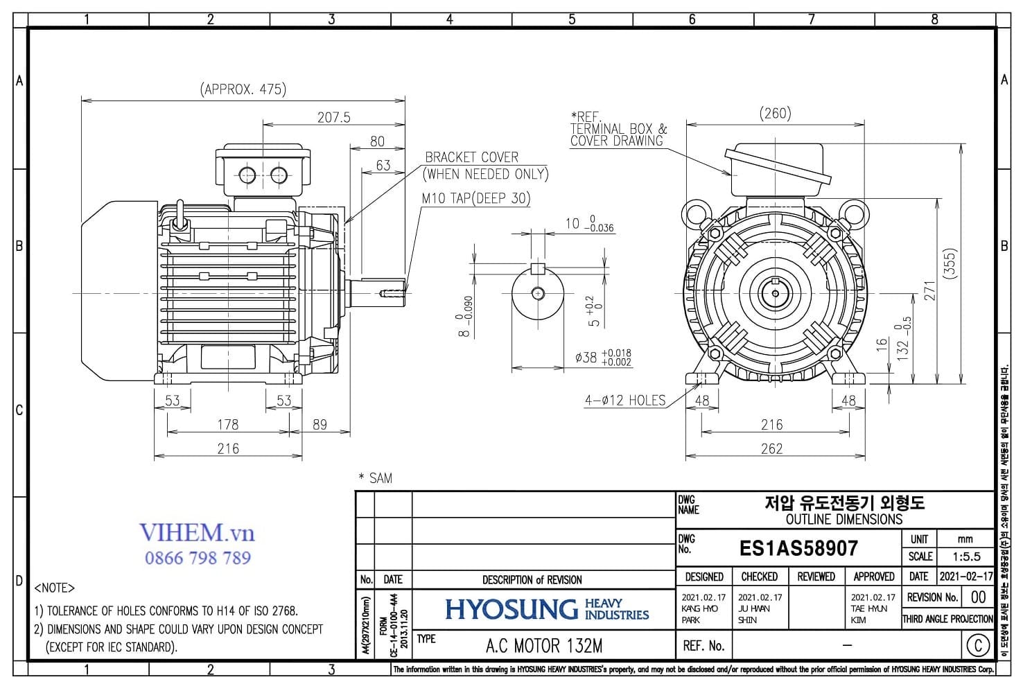Thông số kỹ thuật & kích thước lắp đặt Motor Hyosung 7.5kW - 4P (1500 rpm)