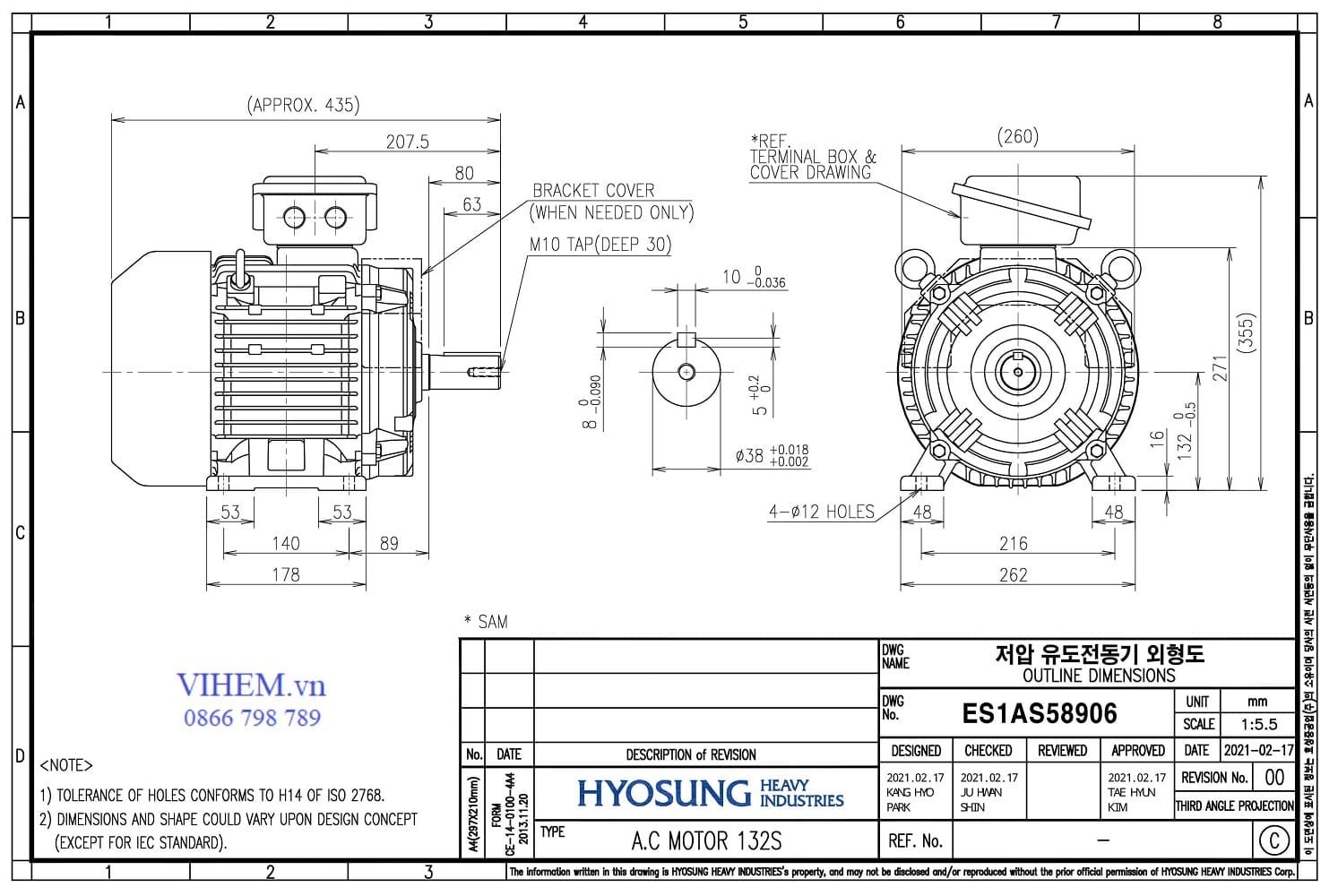 Bản vẽ ký thuật kích thước lắp đặt động cơ điện 3 pha HYOSUNG 7,5kW - 2P (3000 r/min)