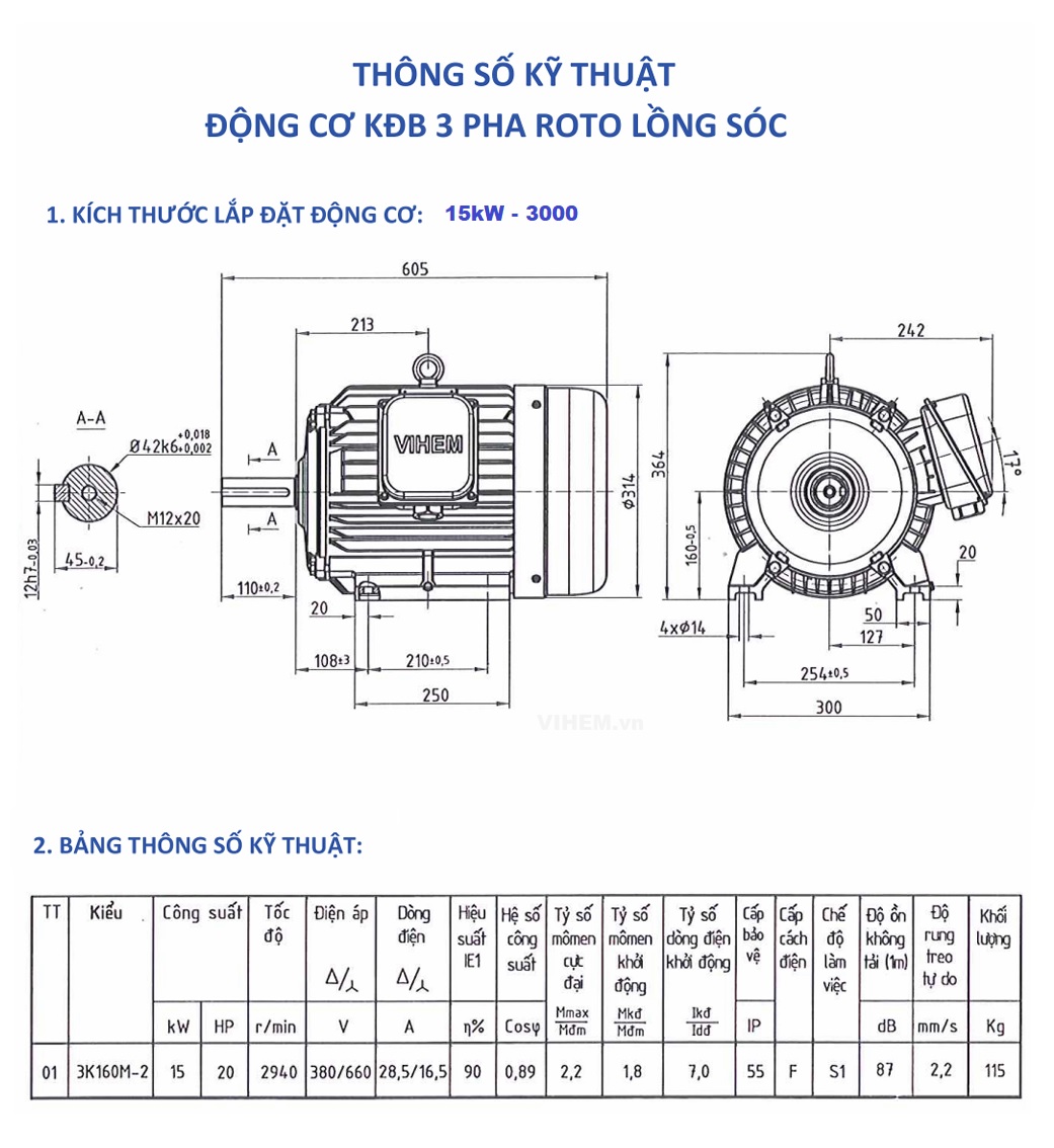 Motor điện 15kW 20hp tốc độ 2940 (3000) r/min 2 cực