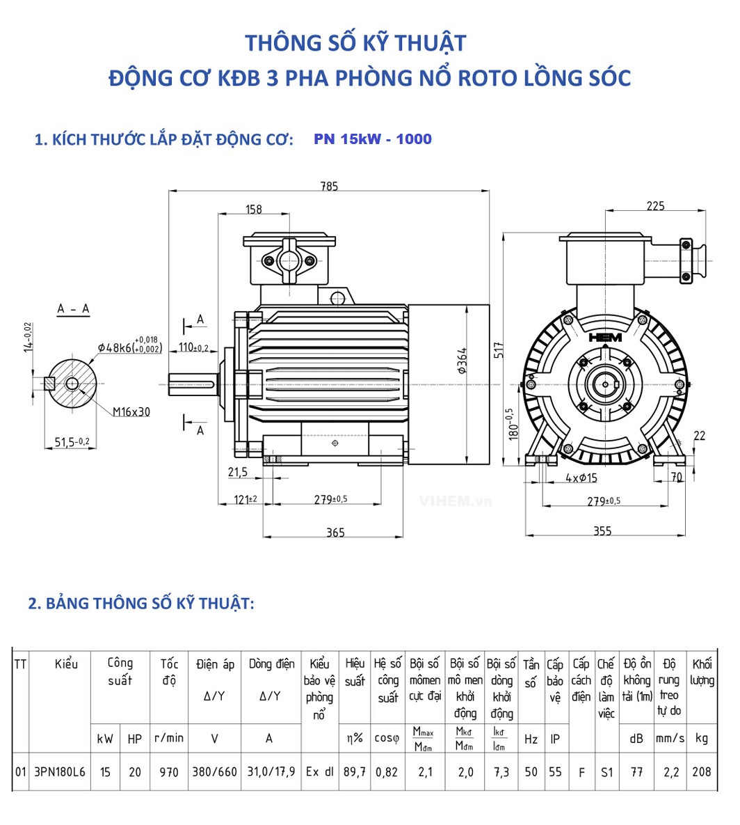 Motor điện phòng nổ 15kW 20hp tốc độ 970r/min 6 cực