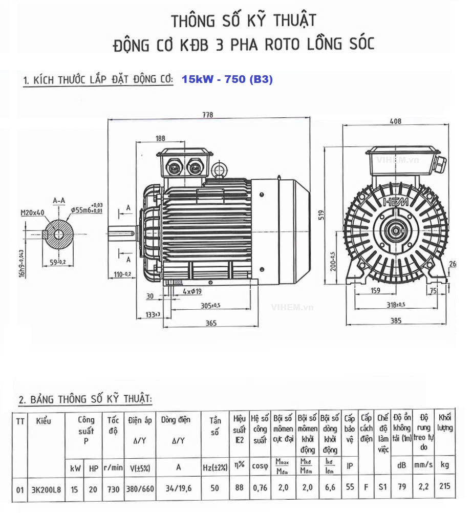 Motor điện 15kW 20hp tốc độ 735 r/min 8 cực 