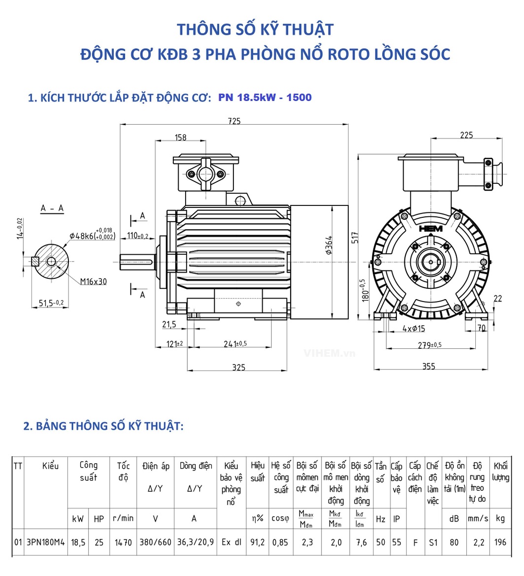 Motor chống cháy nổ 18,5kW (25HP) tốc độ 1500 r/min (4P)