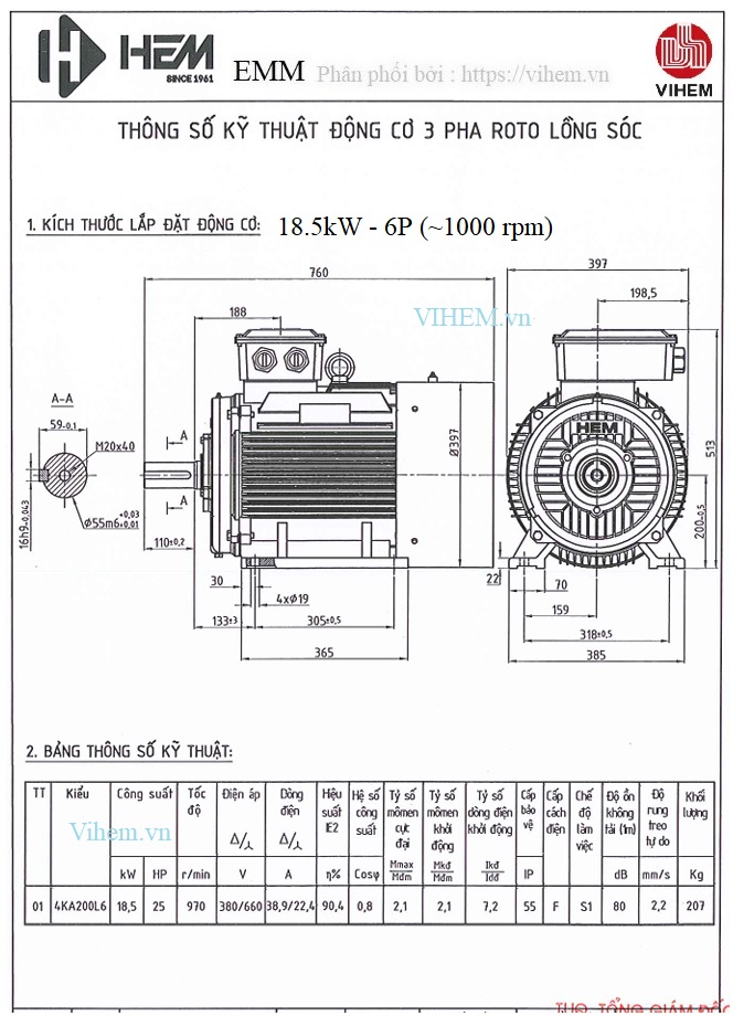 Thống số kỹ thuật & kích thước lắp đặt Motor điện 3 pha 18.5kW - 6P (tốc độ 970 ~ 1000) r/min (6 cực điện)