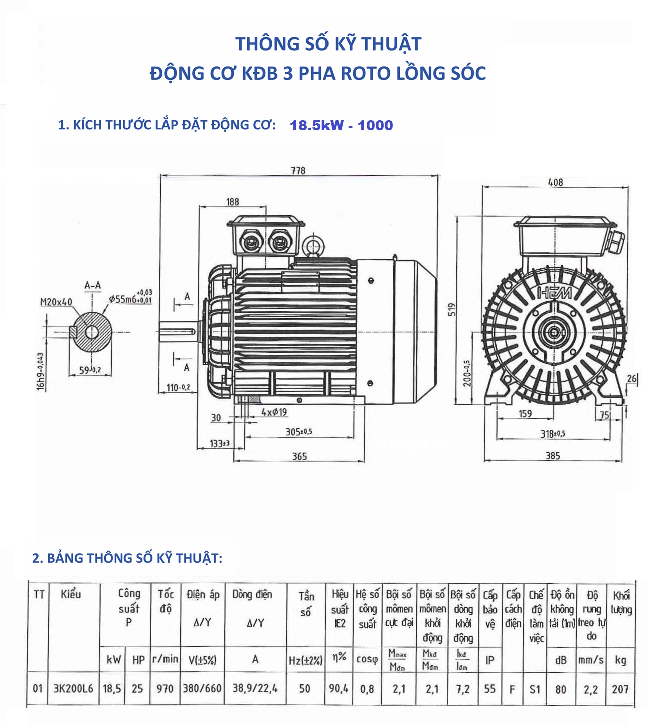 Thống số kỹ thuật & kích thước lắp đặt Motor điện 3 pha 18.5kW - 6P (tốc độ 970 ~ 1000) r/min (6 cực điện)