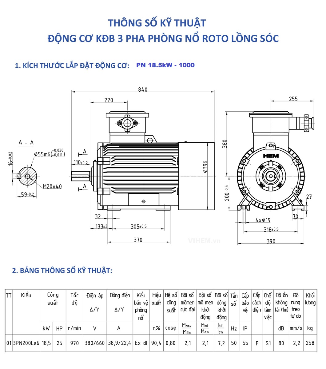 Động cơ điện phòng nổ 18,5kW (25HP) tốc độ 1000 r/min (6P)