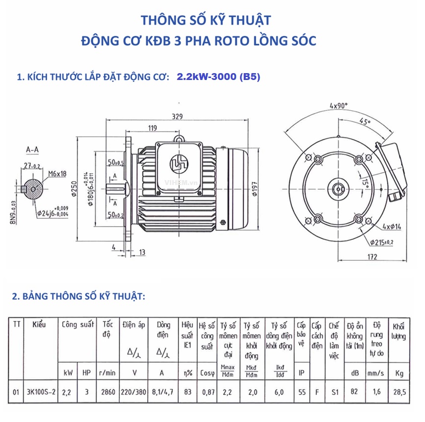 Động cơ 3 điện 3 pha 2,2kW (3HP) tốc độ 2860 (3000) r/min (2P) HEM - VIHEM B5 mặt bích
