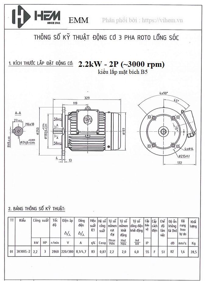 Động cơ 3 điện 3 pha 2,2kW (3HP) tốc độ 2860 (3000) r/min (2P) HEM - VIHEM B5 mặt bích