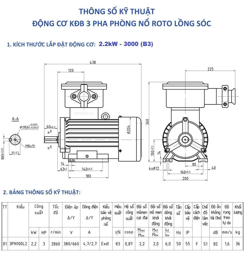 Bản vẽ kỹ thuật động cơ chống cháy nổ 2.2kW - 3000 r/min 3PN100L2 Hem Vihem