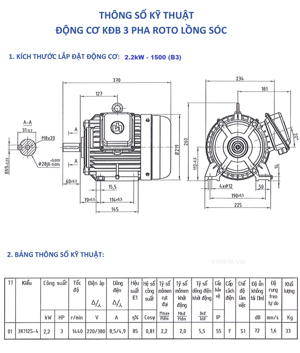 Bản vẽ kỹ thuật & kích thước lắp đặt động cơ 2,2kW 3HP tốc độ 1440 (1500) r/min 4p Hem Vihem