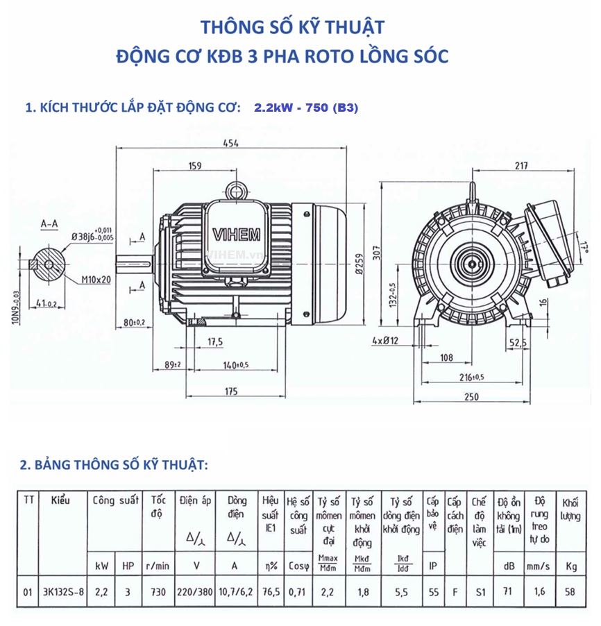 Động cơ điện 2,2kW tốc độ 730(750) r/min 8p VIHEM (Việt Hung) HEM điện cơ Hà Nội
