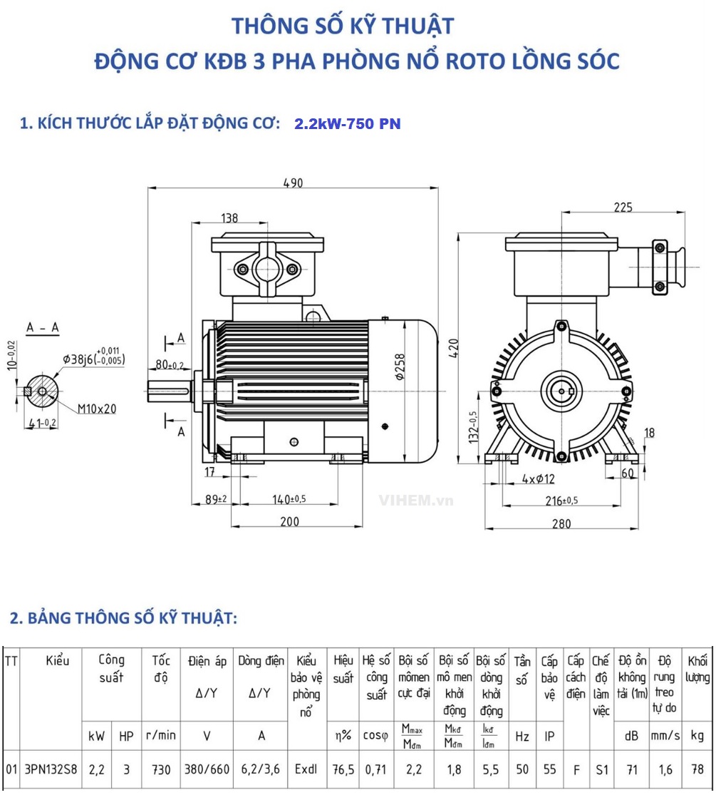 Bản vẽ kỹ thuật động cơ phòng nổ 2.2kW - 8P (tốc độ 750 r/min)