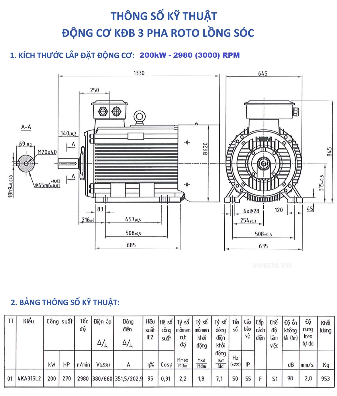 Bản vẽ kỹ thuật & kích thước lắp đặt Động cơ điện 3 pha 200kW – 2980 vòng/phút HEM 4KA315L2
