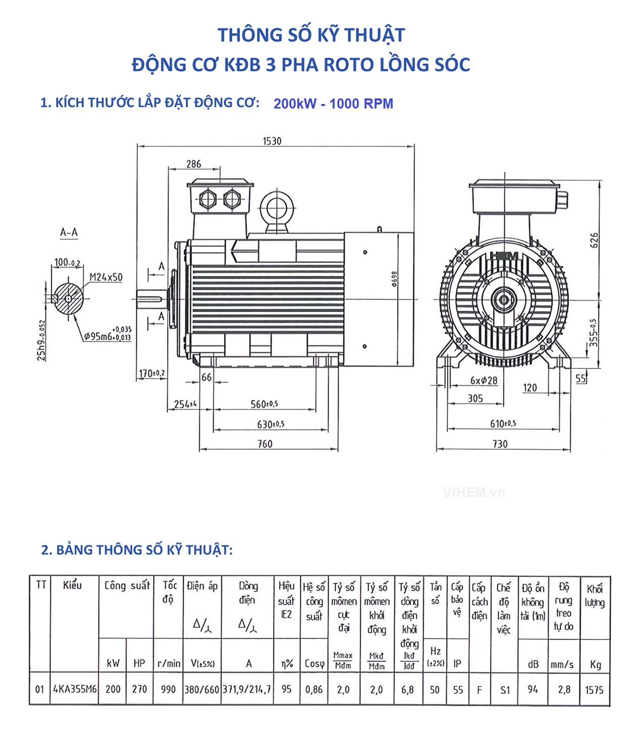 Thông số kỹ thuật & kích thước lắp đặt Động cơ điện 3 pha HEM 200kW 270hp - 6P (tốc độ 990 - 1000 r/min) kiểu 4KA355M6