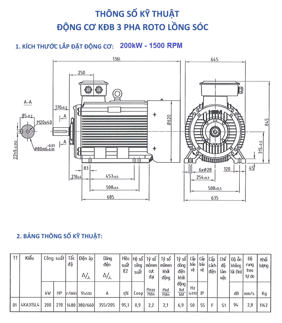 Bản vẽ kỹ thuật & kích thước lắp đặt Động cơ điện 3 pha 200kW (270HP) - 4P (tốc độ~1500 r/min) hem