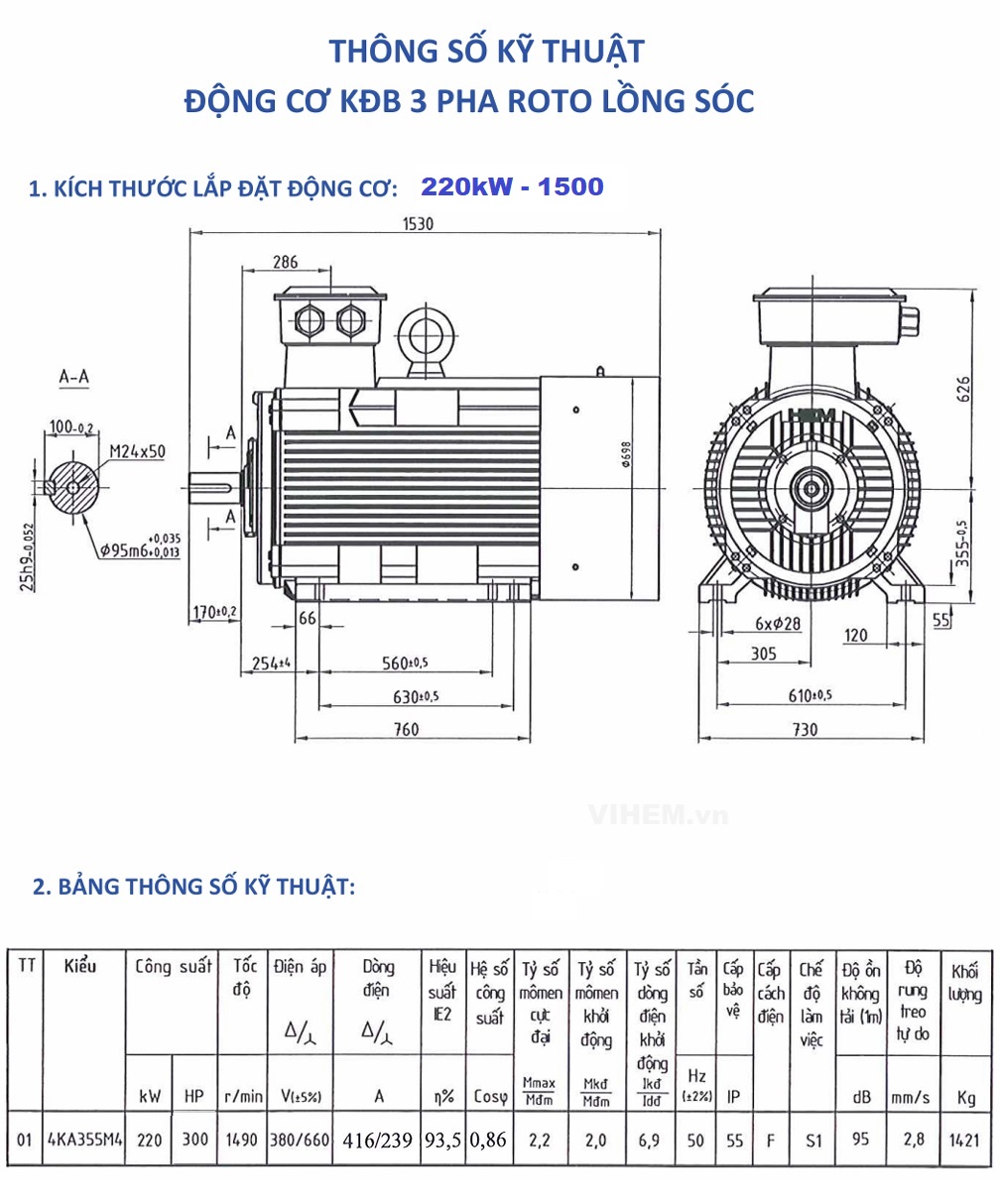 Bản vẽ ký thuật Motor 3 pha 220kW - 4P (tốc độ 1490~1500 r/min)