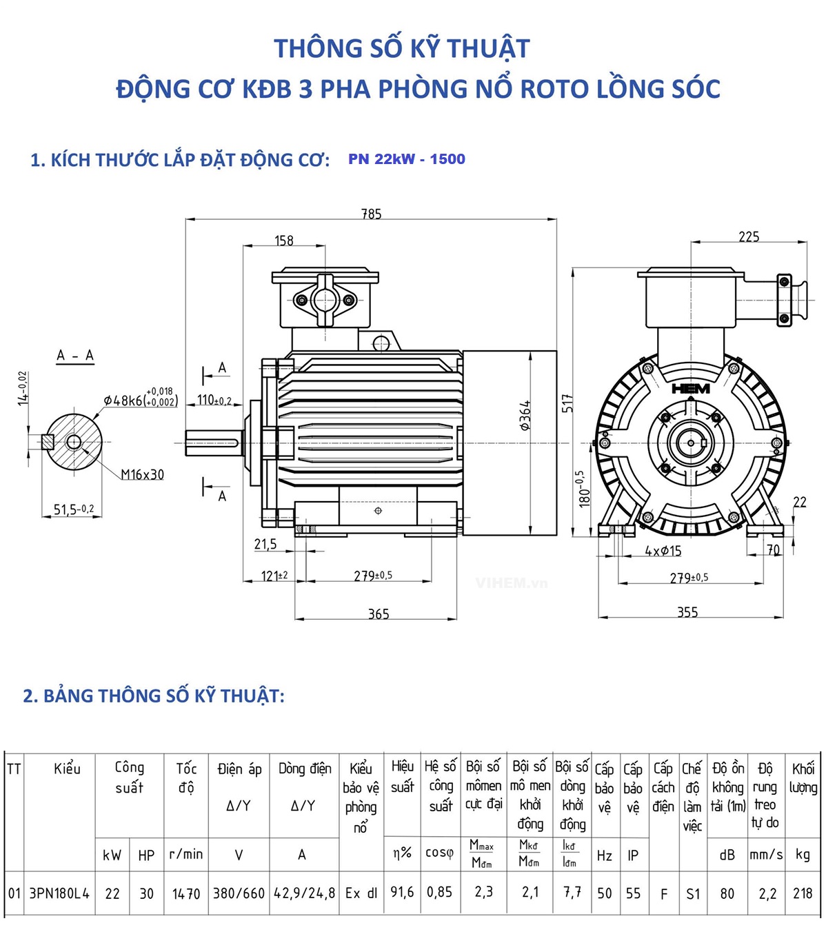 Mô tơ điện phòng nổ 22kW 30hp tốc độ 1470r/min 4 cực