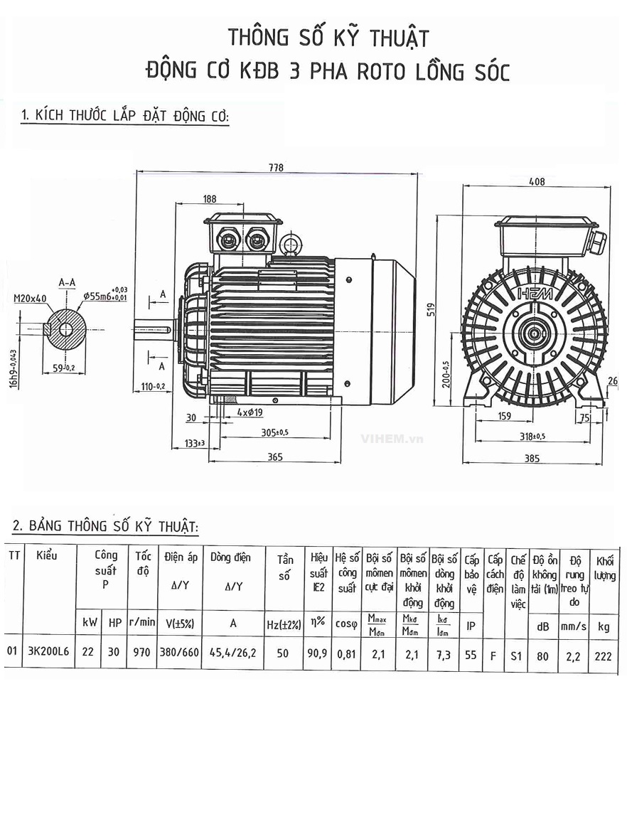 Động cơ điện 3 pha 22kW (30HP) tốc độ 1000 r/min (6 cực)