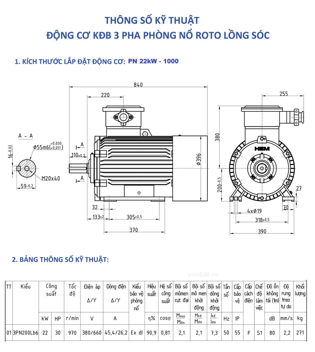Mô tơ điện phòng nổ 22kW 30hp tốc độ 970r/min 6 cực