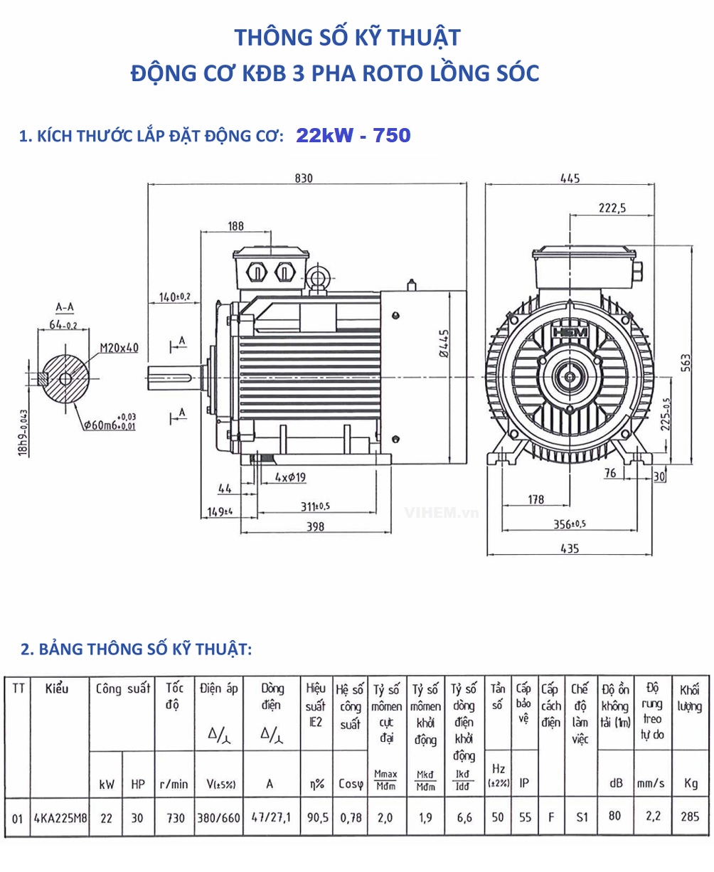 Động cơ điện 3 pha 22kW (30HP) tốc độ 750 r/min (8 cực)