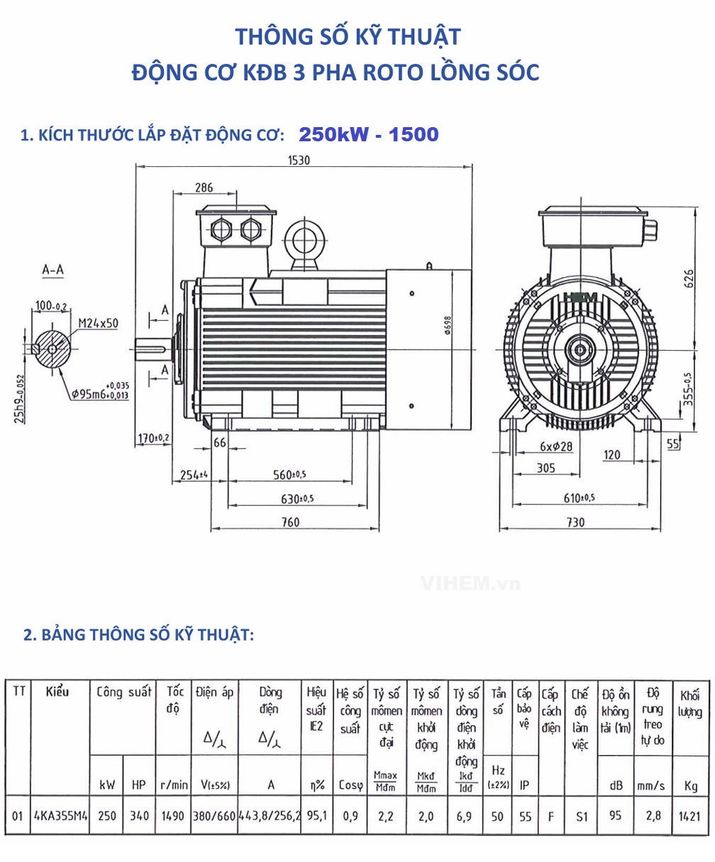 Bản vẽ ký thuật Motor 3 pha 250kW - 4P (tốc độ 1490~1500 r/min)