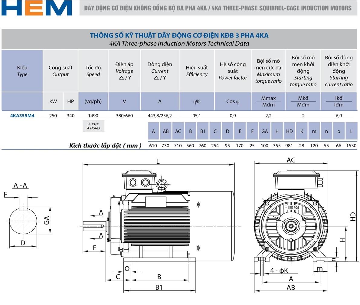 Catalogue Motor 3 pha 250kW - 4P (tốc độ ~1500 r/min) HEM EMM