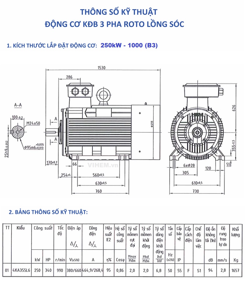 Thông số kỹ thuật & kích thước lắp đặt động cơ 3 pha 250kW - 6P ( tốc độ 990 - 1000 rpm) 6 cực điện