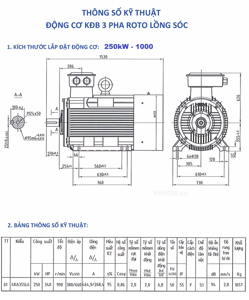 Thông số kỹ thuật & kích thước lắp đặt động cơ 3 pha 250kW - 6P ( tốc độ 990 - 1000 rpm) 
