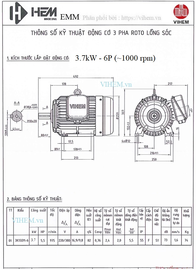 Bản vẽ kỹ thuật động cơ điện 3.7kW - 6P tốc độ 975 - 1000 r/min 