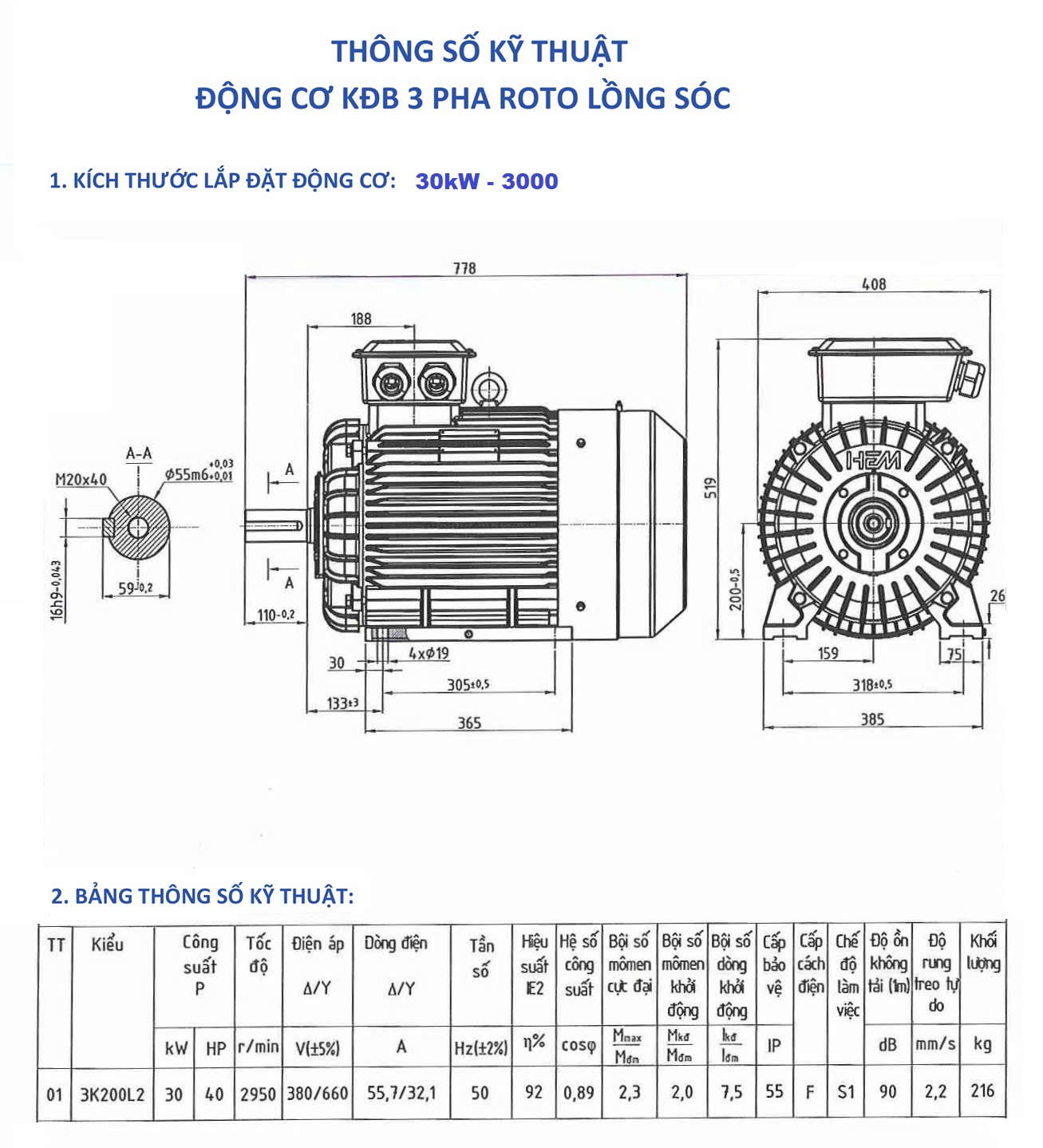 Động cơ điện 3 pha 30kW tốc độ 3000 r/min (2 cực) HEM