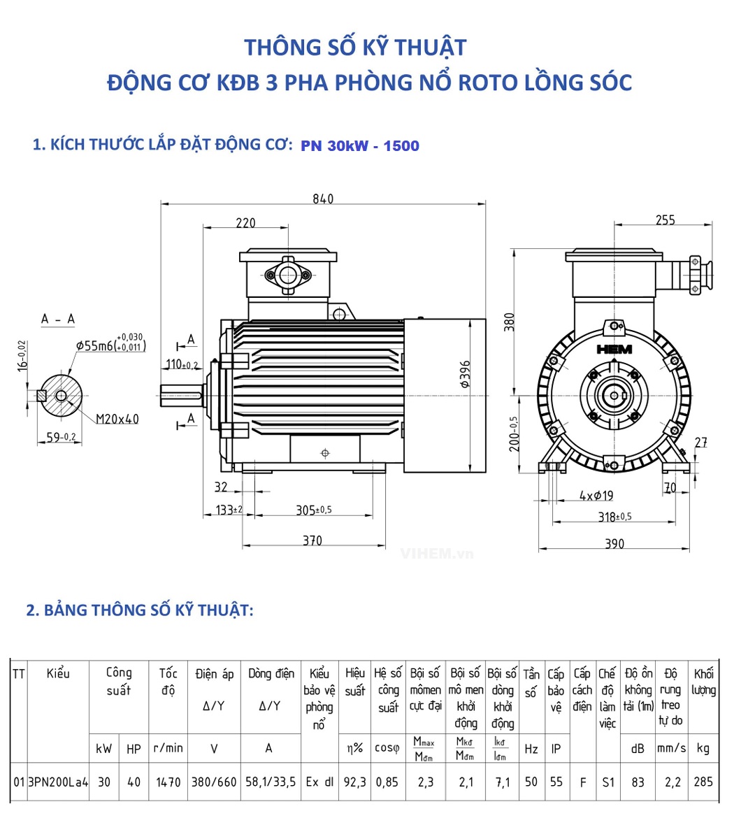 Mô tơ điện phòng nổ 30kW 40hp tốc độ 1475r/min 4 cực