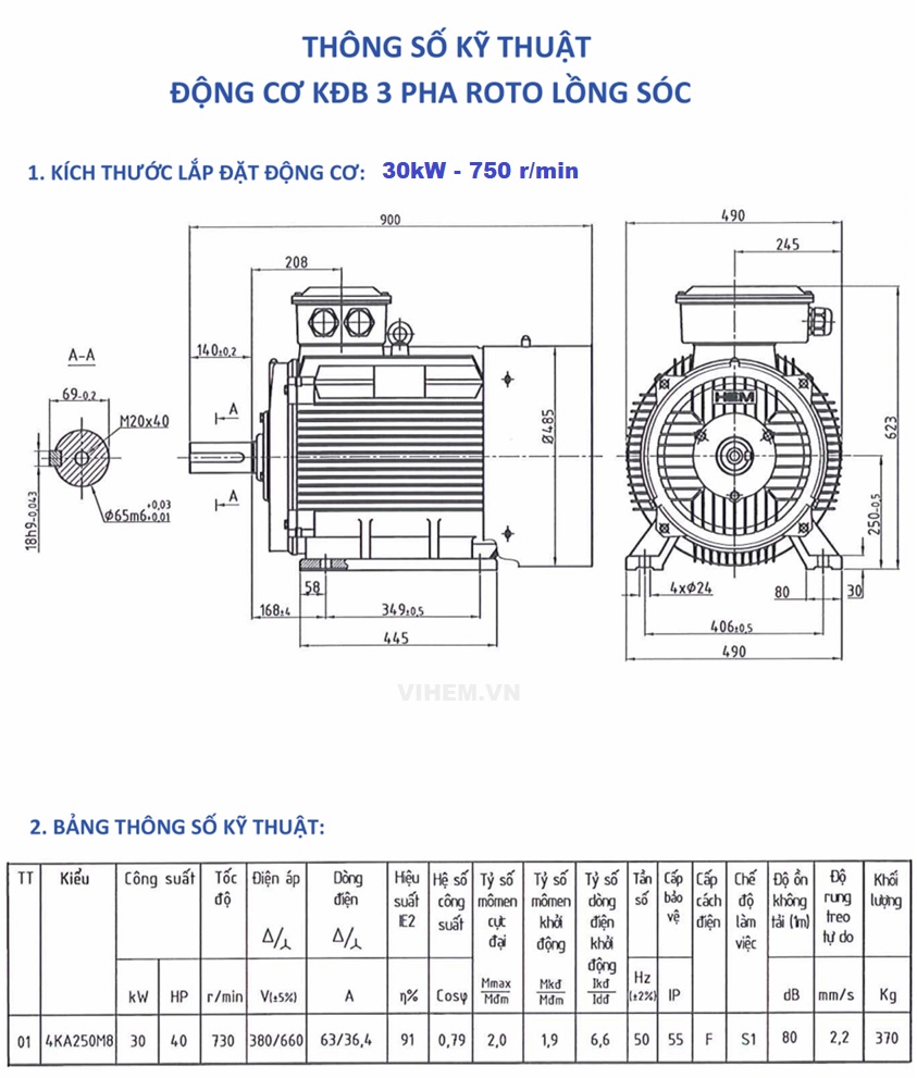 Motor điện 3 pha 30kW tốc độ 750 r/min (8 cực) HEM