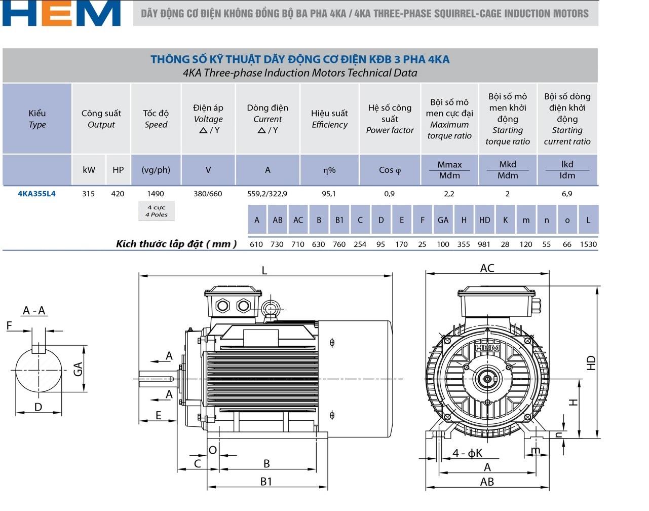 Catalogue Motor 3 pha 315kW - 4P (tốc độ ~1500 r/min) HEM EMM