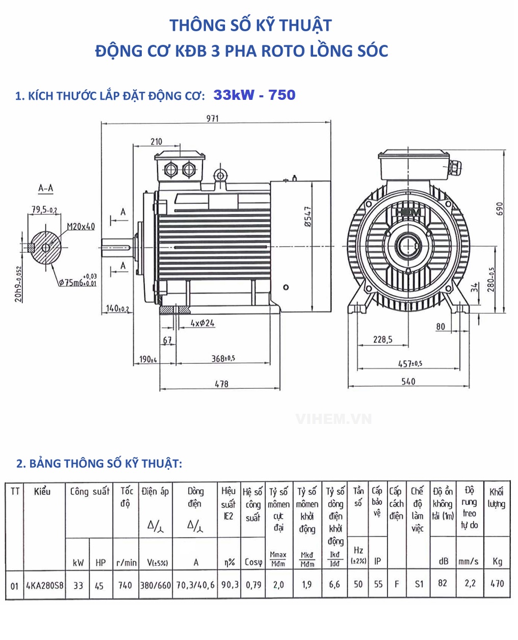 Bản vẽ kỹ thuật Motor HEM 33kW-8P ( 740-750 r/min)